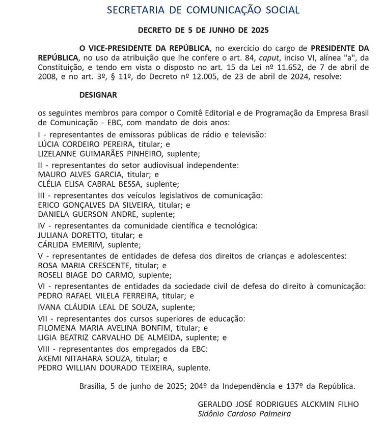 Decreto Comitê Editorial EBC