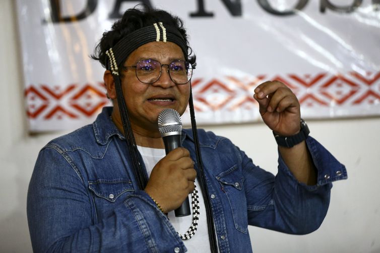 Atalaia do Norte (AM), 27/02/2023 - O líder indígena, Eliésio Marubo, durante visita a União dos Povos Indígenas do Vale do Javari (Univaja), para anunciar a retomada de ações de proteção a povos indígenas.