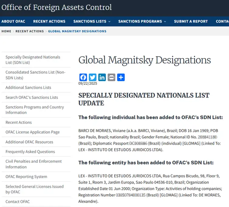 Global Magnitsky/Reprodução Brasília (DF), 22/09/2025 - Capa do site Global Magnitsky com informações do ministro Alexandre de Moraes e da sua esposa Viviane Barci de Moraes. Foto: Global Magnitsky/Reprodução