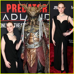 Elle Fanning posa com um Apex Predator na estreia de 'Predator: Badlands' em Los Angeles