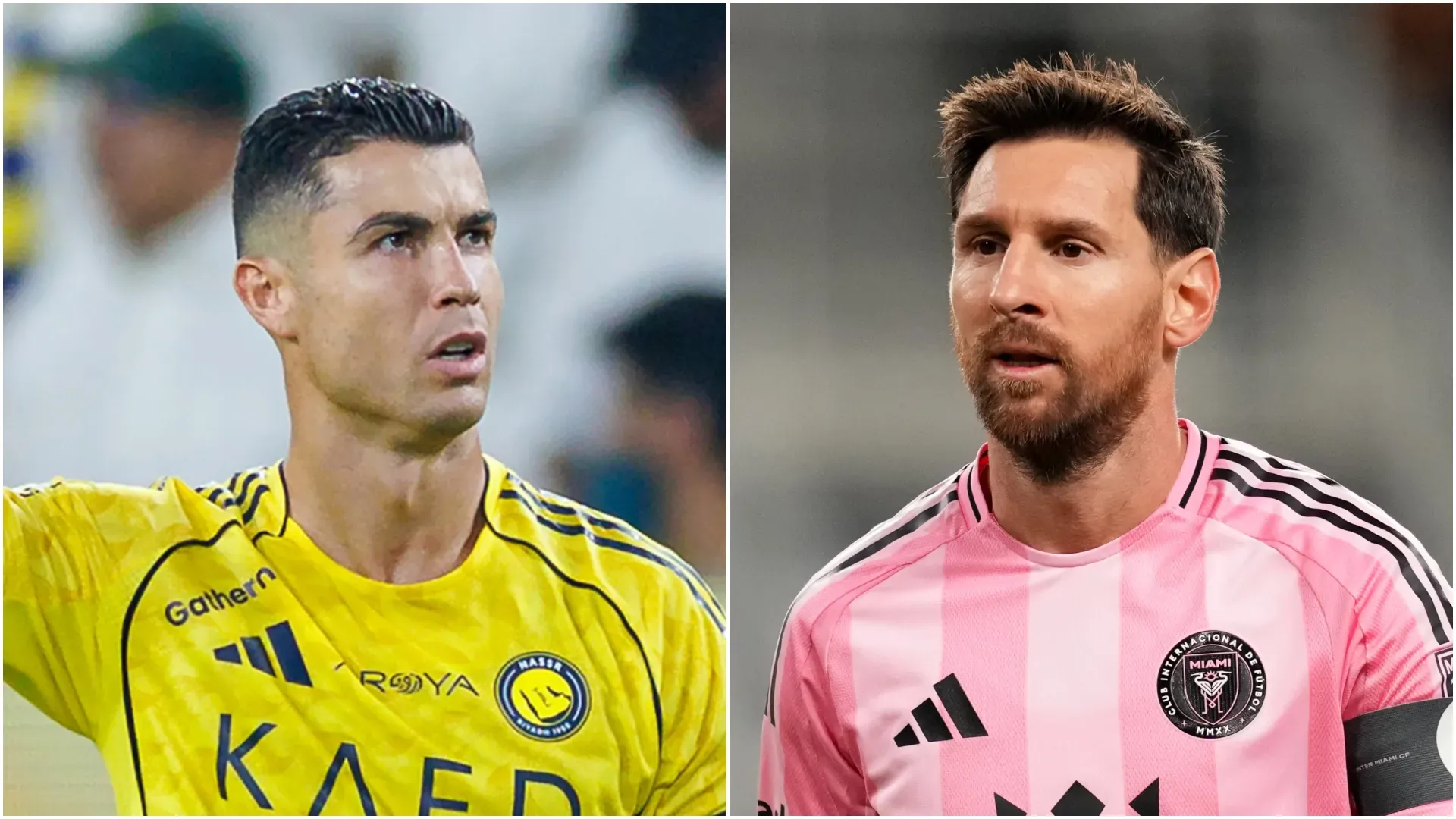 Cristiano Ronaldo (L) do Al-Nassr FC e Lionel Messi (R) #10 do Inter Miami CF.