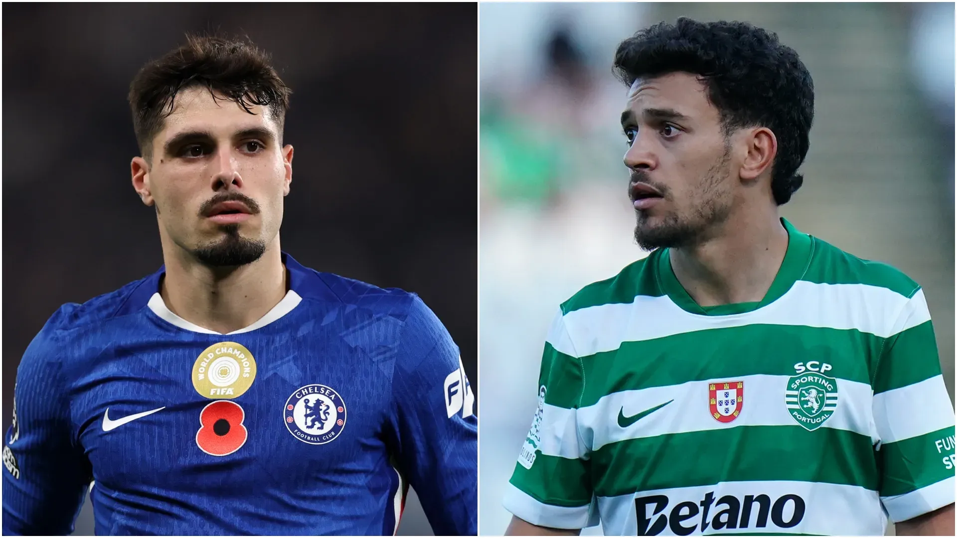 Pedro Neto (L) do Chelsea e Pedro Gonçalves (R) do Sporting CP.