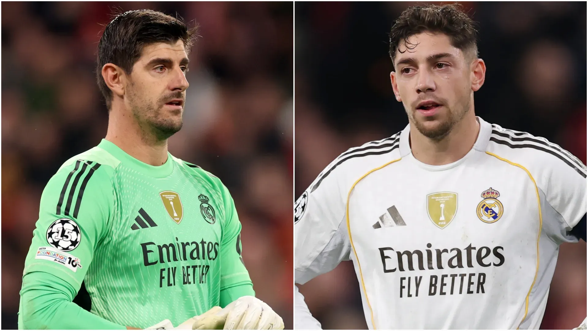 Thibaut Courtois (L) e Federico Valverde (R) do Real Madrid.