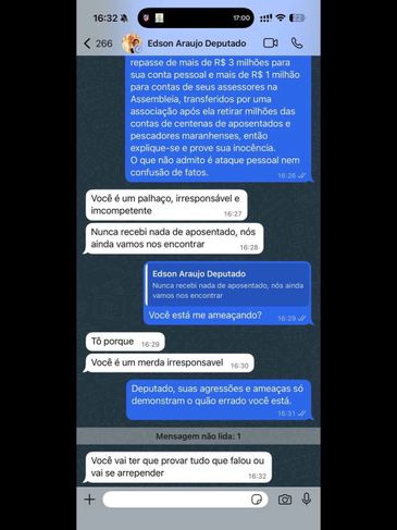 Brasília (DF) 06/11/2025 – Vice-presidente da CPMI do INSS, deputado federal Duarte Jr. (PSB-MA), acusa o deputado estadual maranhense Edson Araújo (PSB) de ameaça-lo. Segundo Jr., Araújo e seus assessores receberam mais de R$ 5 milhões de uma das entidades investigadas pela cobrança ilegal de mensalidades descontadas de aposentados e pensionistas.
Foto: duartejr_/Instagram
