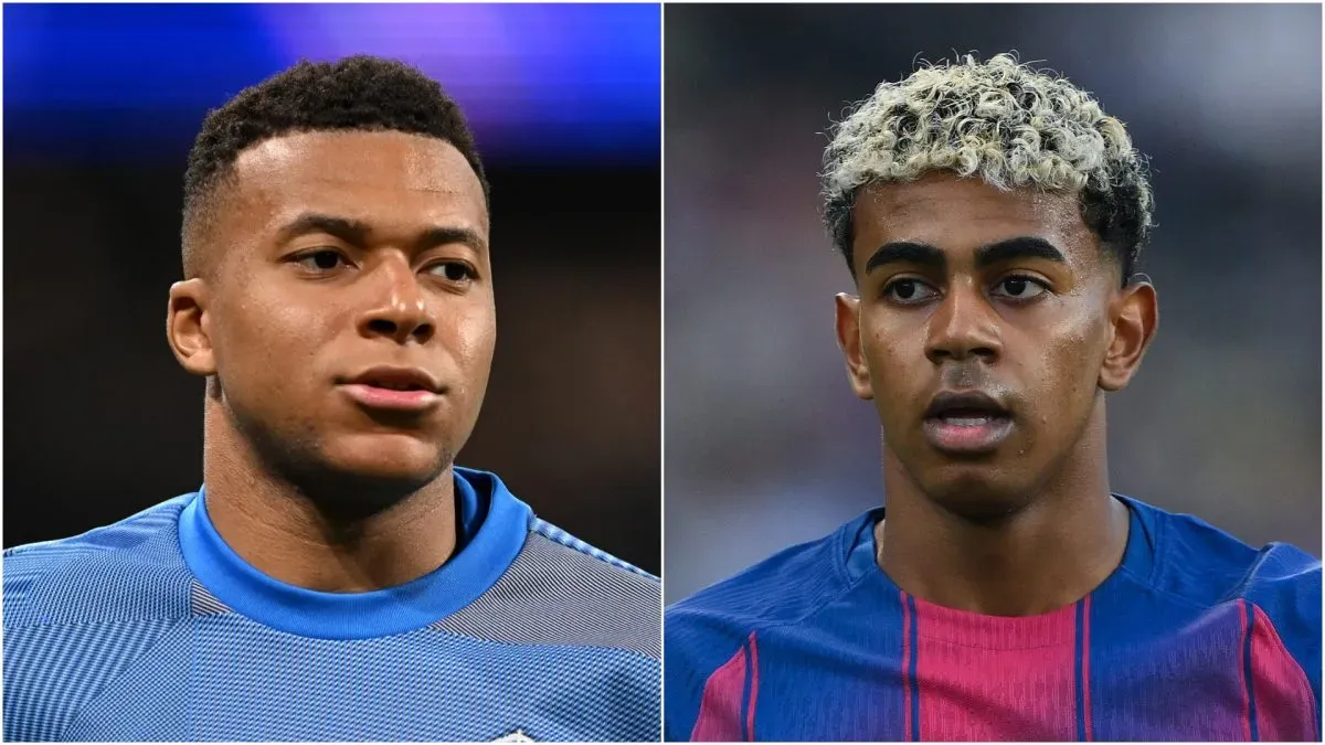Kylian Mbappe (L) do Real Madrid e Lamine Yamal (R) do FC Barcelona.