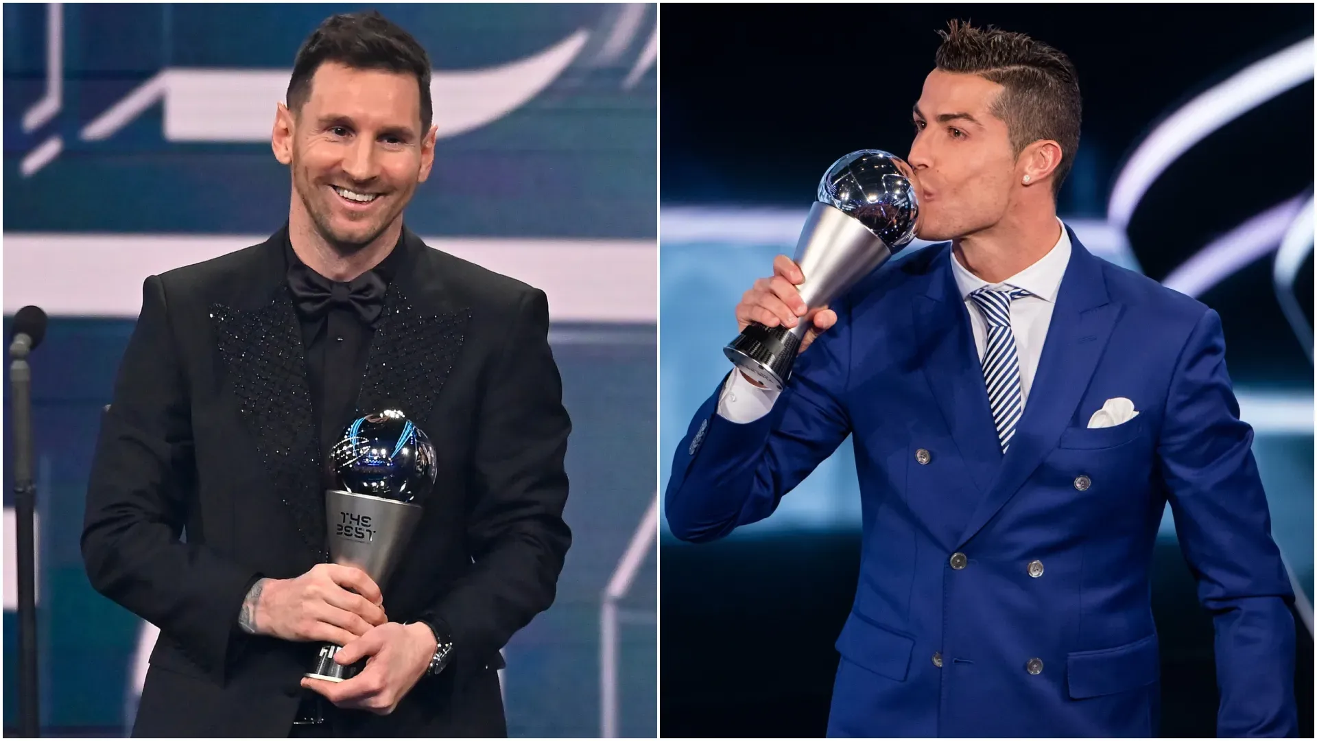 Lionel Messi e Cristiano Ronaldo deixando o prêmio de Melhor Jogador Masculino da FIFA.