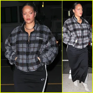 Rihanna usa uma jaqueta de lã xadrez Miu Miu em um restaurante italiano em Santa Monica