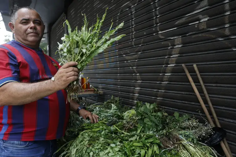 Rio de Janeiro (RJ), 16/12/2025 – O erveiro José Adaílton de Souza Ferreira mostra as ervas para banho energético e espiritual que vende em um ponto na Rua da Carioca, no centro da cidade. Foto: Fernando Frazão/Agência Brasil