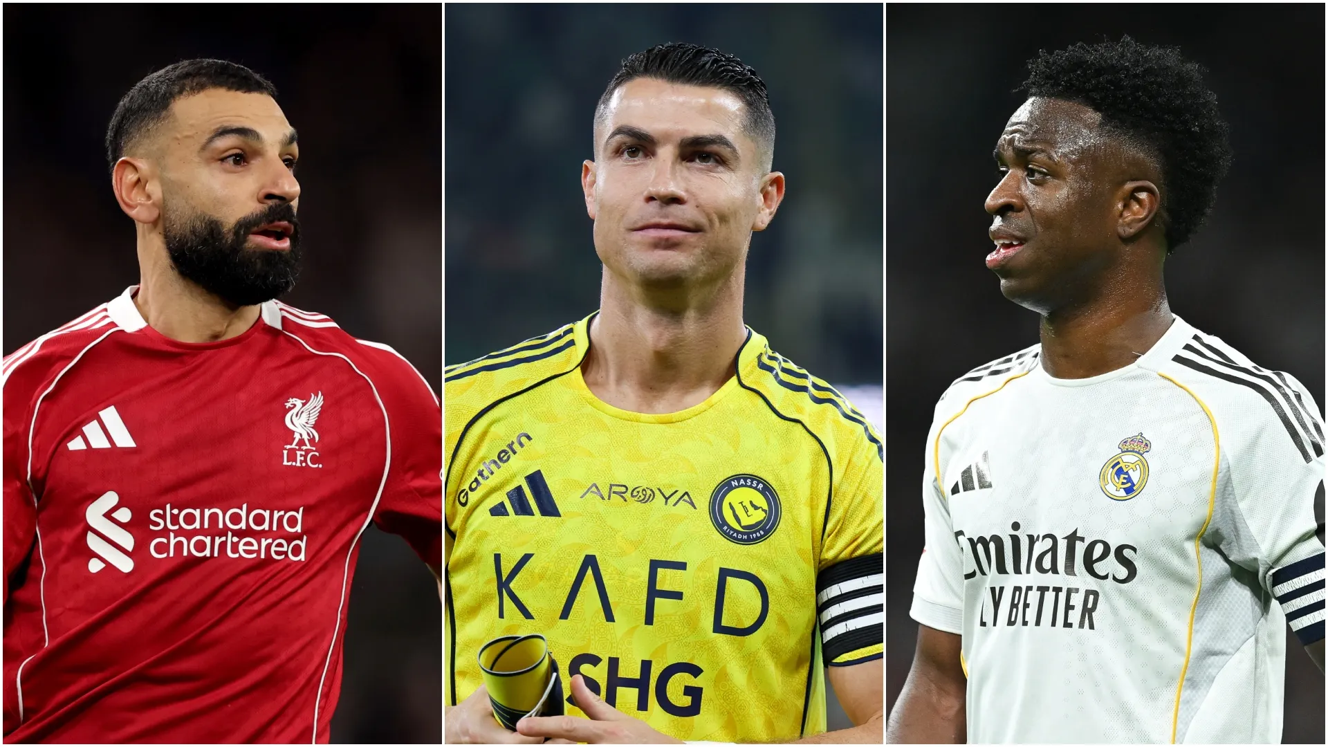 Mohamed Salah (L) do Liverpool, Cristiano Ronaldo (M) do Al Nassr e Vinicius Junior (R) do Real Madrid.