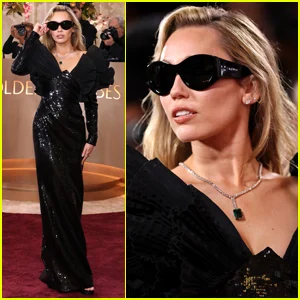 Miley Cyrus arrasa com vestido preto cintilante para o Globo de Ouro de 2026