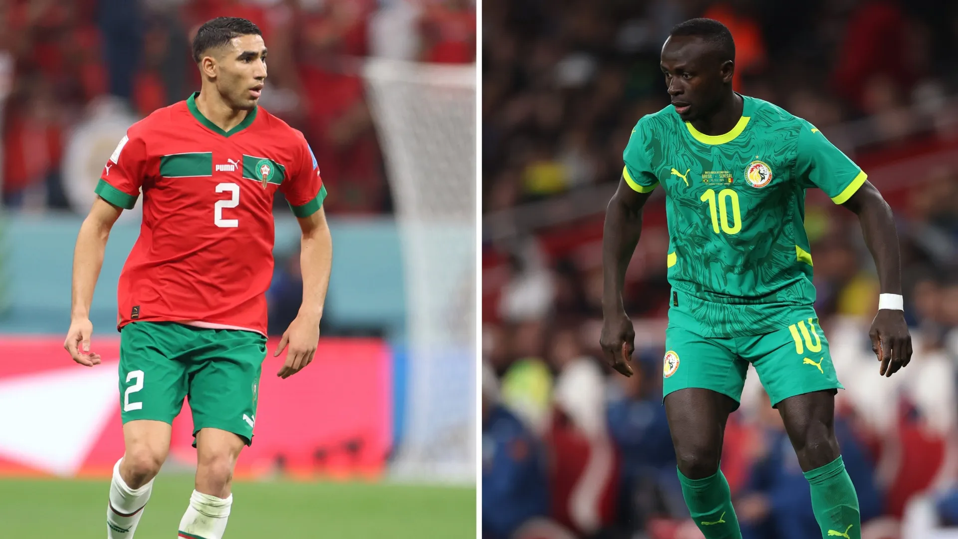 Achraf Hakimi do Marrocos (E) e Sadio Mane (R) do Senegal.
