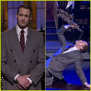Alexander Skarsgard finge ter habilidades de saxofone durante o monólogo 'SNL' (spoiler: ele não tem!)