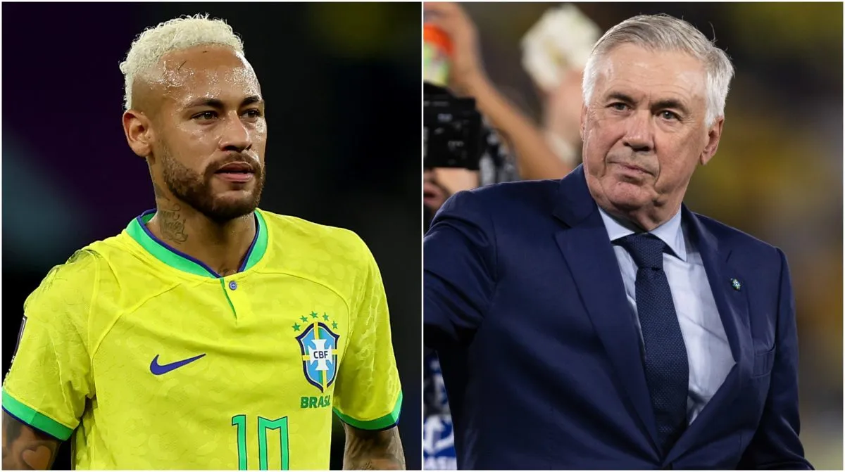Neymar (L) e Carlo Ancelotti (R), técnico do Brasil.