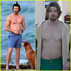 Grant Gustin fica sem camisa enquanto filma o novo filme ‘God of Tides’ na Flórida