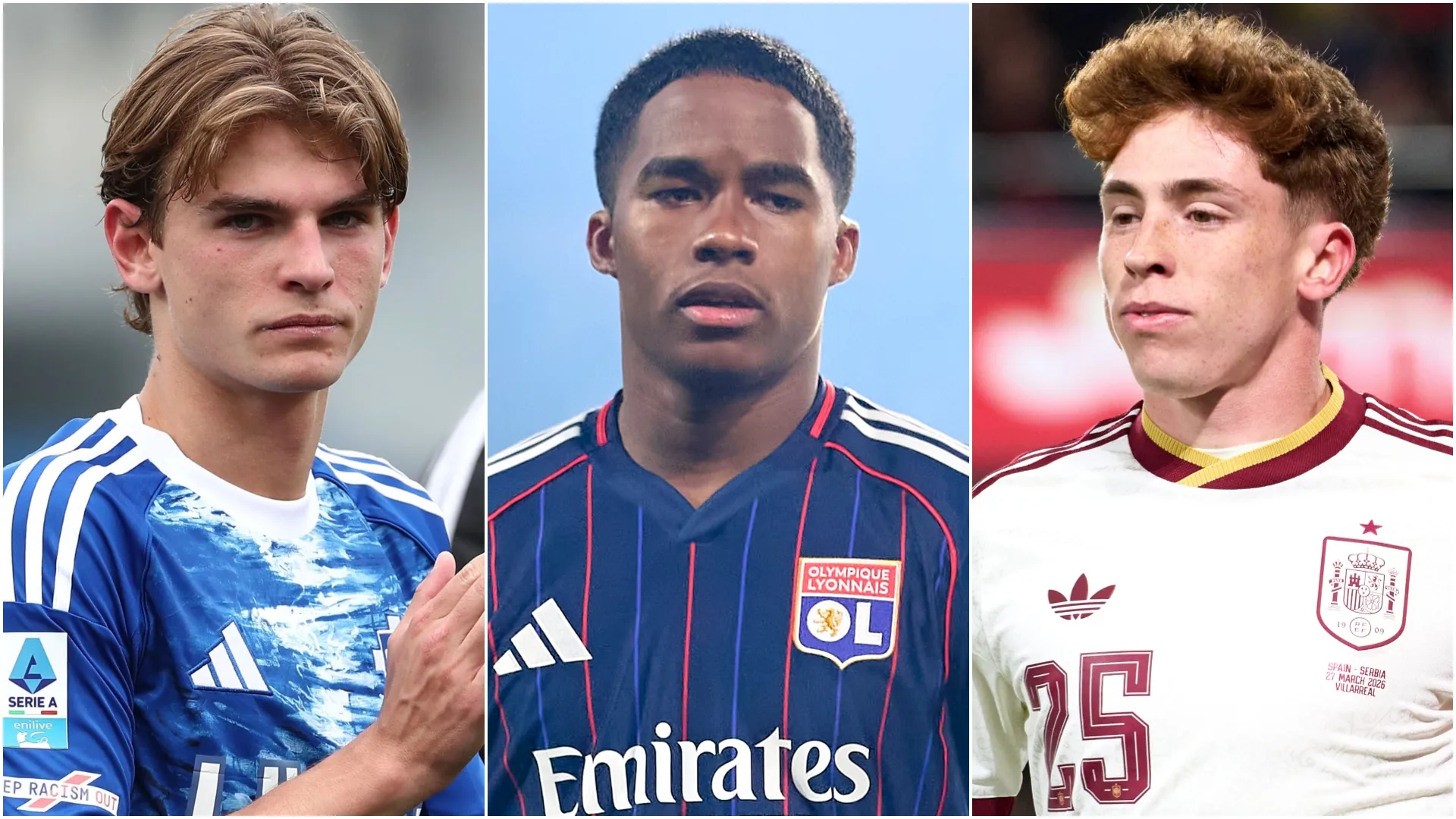 Nico Paz of Como 1907, Endrick of Olympique De Lyon, and Victor Munoz of Spain.