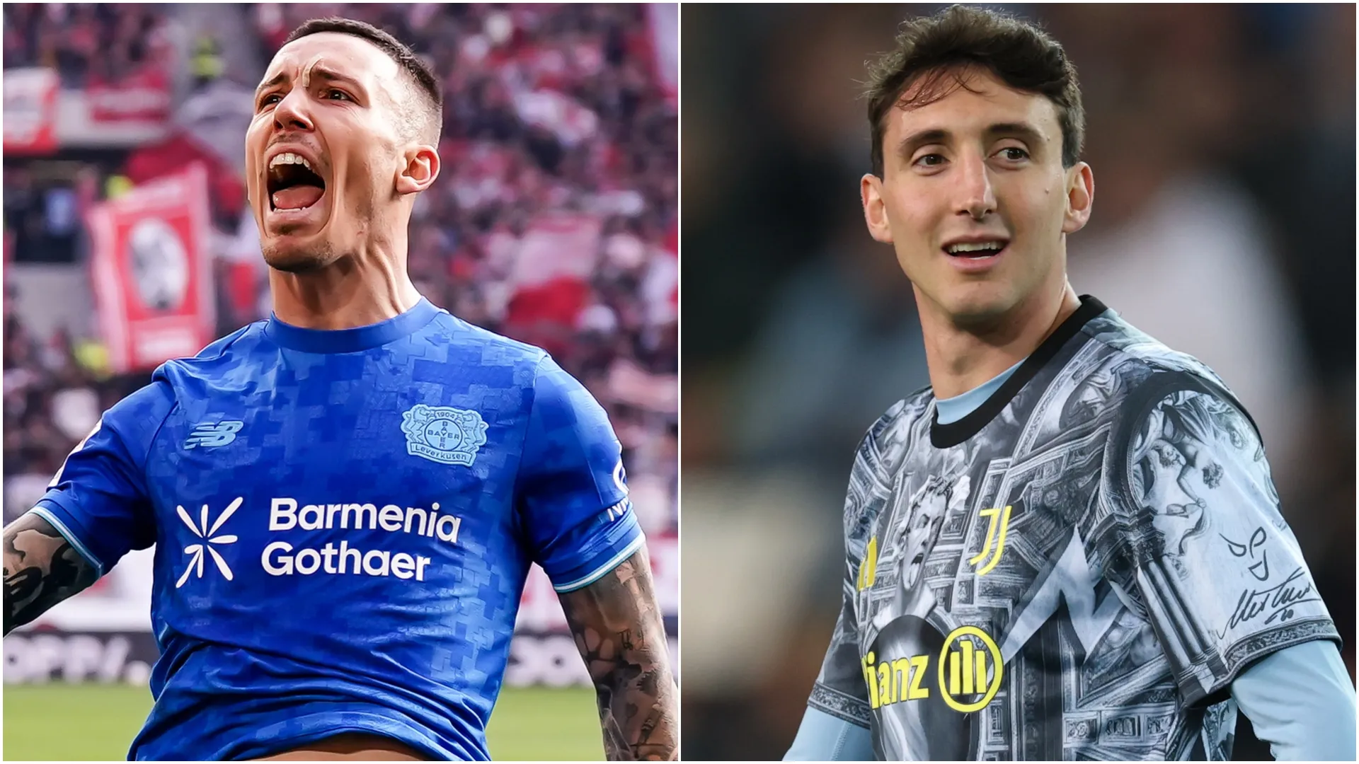 Alejandro Grimaldo do Bayer 04 Leverkusen e Andrea Cambiaso da Juventus.