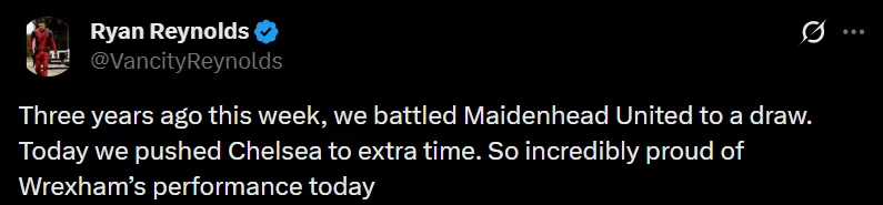 Mensagem de Ryan Reynolds após o jogo com o Chelsea.