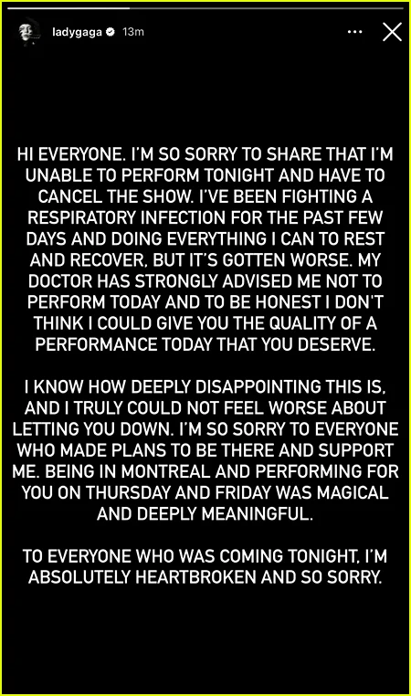 Declaração de Lady Gaga sobre cancelamento de show em Montreal