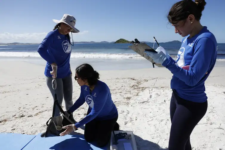 Arraial do Cabo (RJ), 14/04/2026 – Pesquisadores do Projeto Costão Rochoso fazem captura de tartaruga-verde (Chelonia mydas) para monitoramento da espécie com triagem e exames na Praia do Pontal, na Reserva Extrativista (RESEX) Marinha do Arraial do Cabo. Foto: Fernando Frazão/Agência Brasil