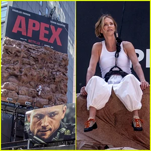 Charlize Theron escala parede de pedra acima da Times Square para promover o filme 'APEX'