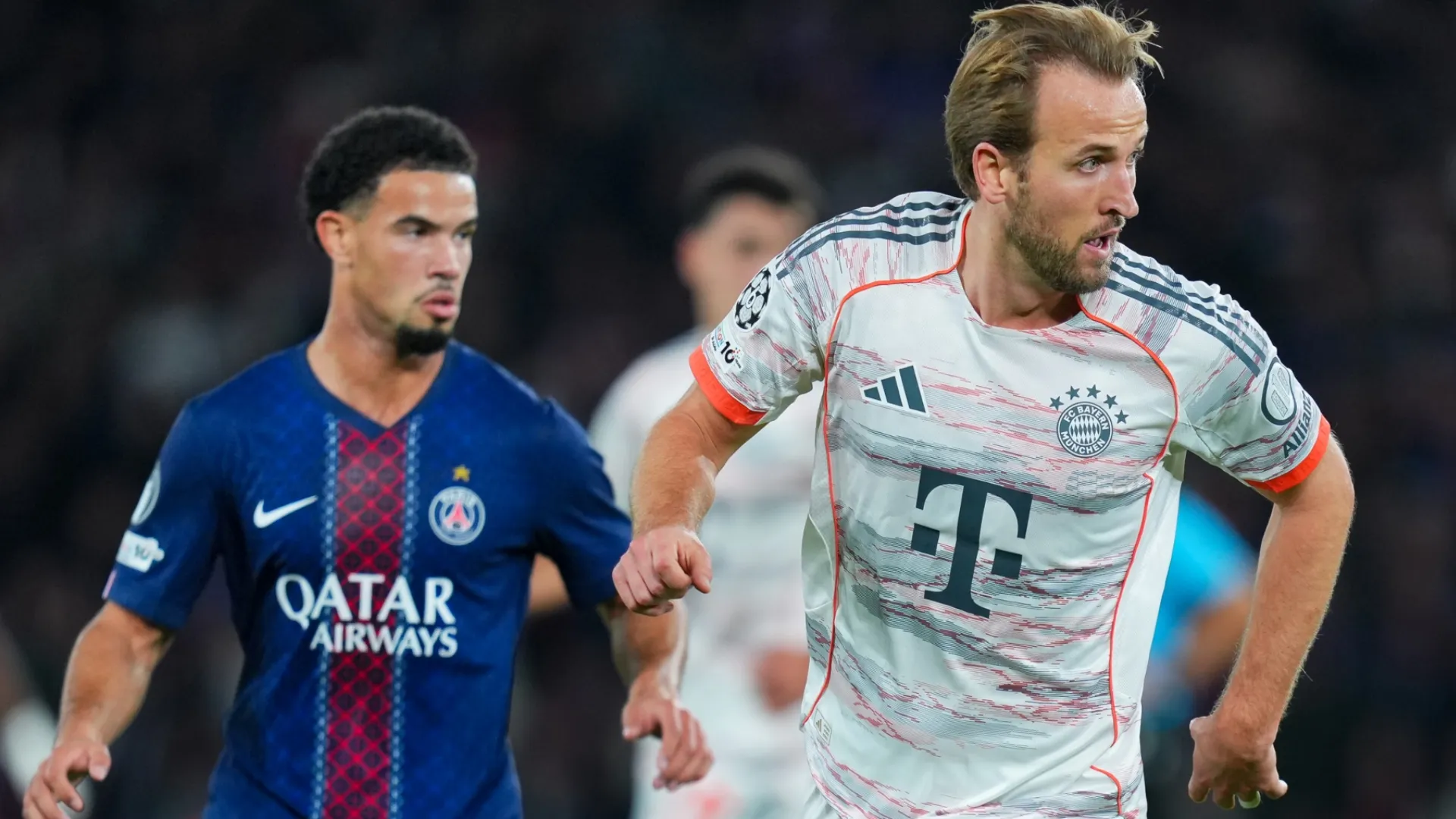 Harry Kane, do Bayern de Munique, controla a bola contra o PSG na Liga dos Campeões.