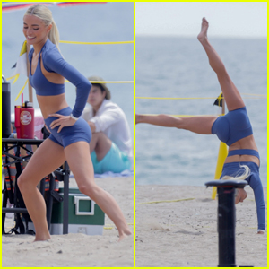 Livvy Dunne mostra movimentos de ginástica na praia enquanto filma cenas de ‘Baywatch’
