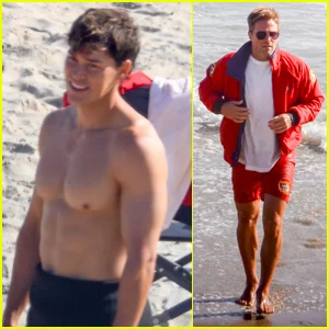 Noah Beck fica sem camisa durante as filmagens da série de reinicialização de 'Baywatch' com Stephen Amell