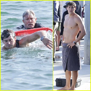 Noah Beck salva Eric Roberts enquanto eles filmam a cena de resgate de 'Baywatch'