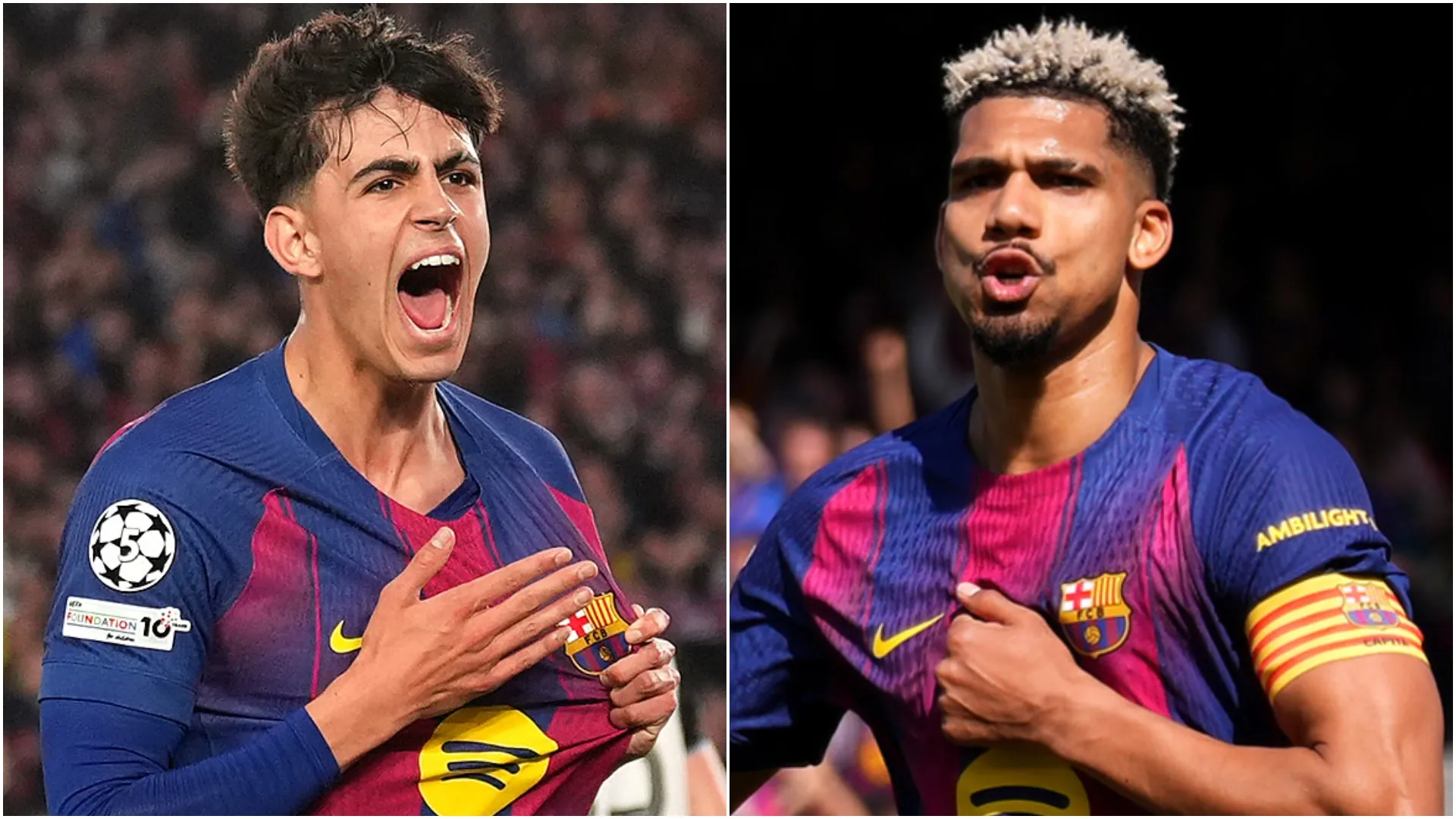 As estrelas do Barcelona Marc Bernal e Ronald Araujo comemorando um gol.