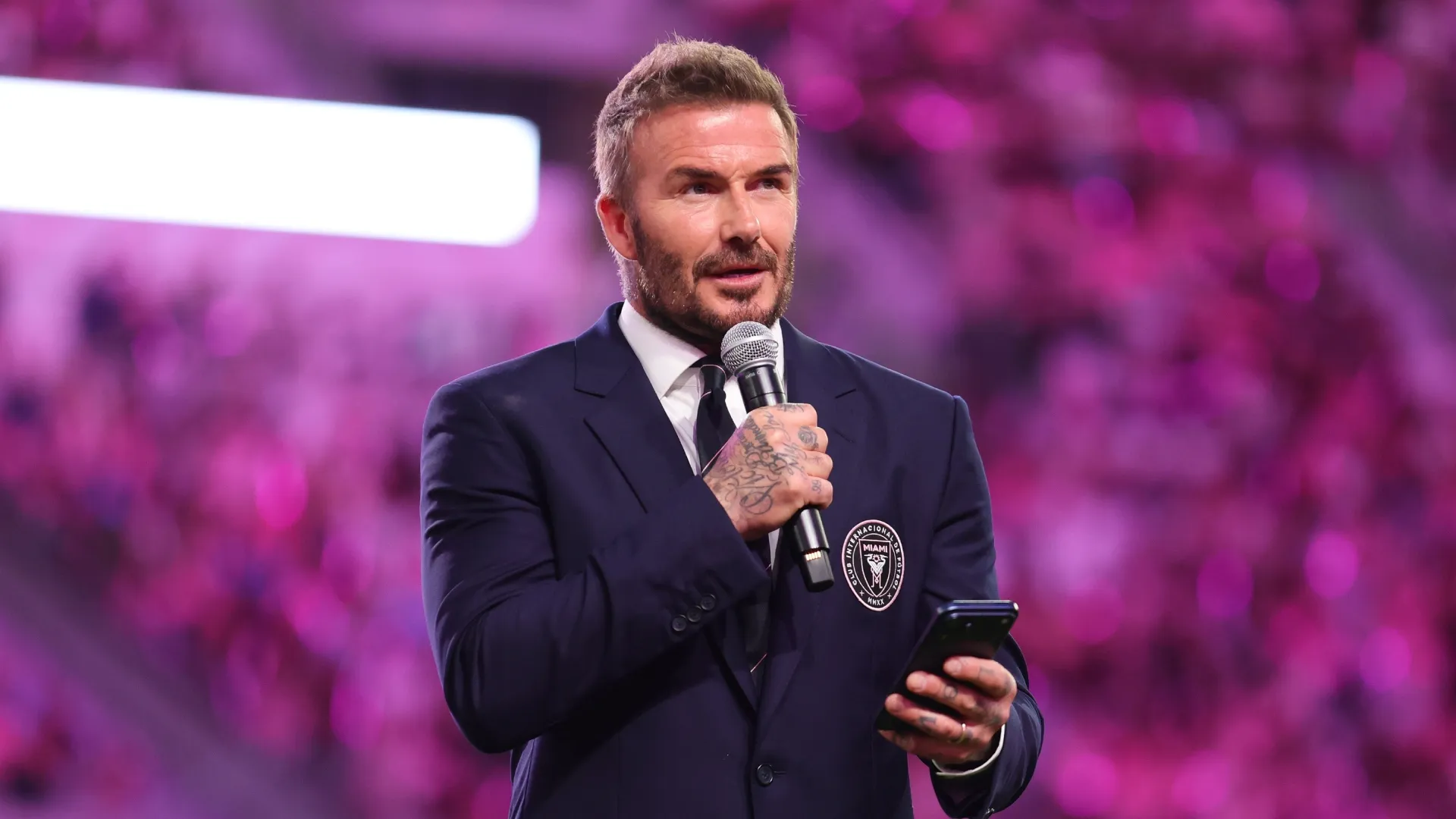 David Beckham, coproprietário do Inter Miami CF, fala antes do jogo contra o Austin FC no Nu Stadium.