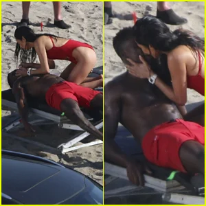 Shay Mitchell compartilha um beijo fumegante com Thaddeus LaGrone sem camisa durante as filmagens da reinicialização de 'Baywatch'