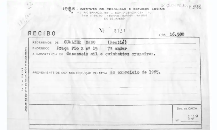 Arquivo Nacional/Divulgação São Paulo (SP), 09/04/2026 - FOTO DE ARQUIVO - Registros das contribuições do então presidente da Nestlé Brasil, Gualter Mano, para o IPES. Oswaldo Ballarin, Executivo da Nestlé e da Brown Boveri contratou torturador como relações públicas. Foto: Arquivo Nacional/Divulgação