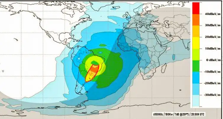 Brasília (DF),  06/04/2026 - Mapa ilustrativo da cobertura da EBC em ondas curtas demonstra o alcance internacional. A propagação do sinal pode variar conforme condições atmosféricas. 
Fonte: EBC