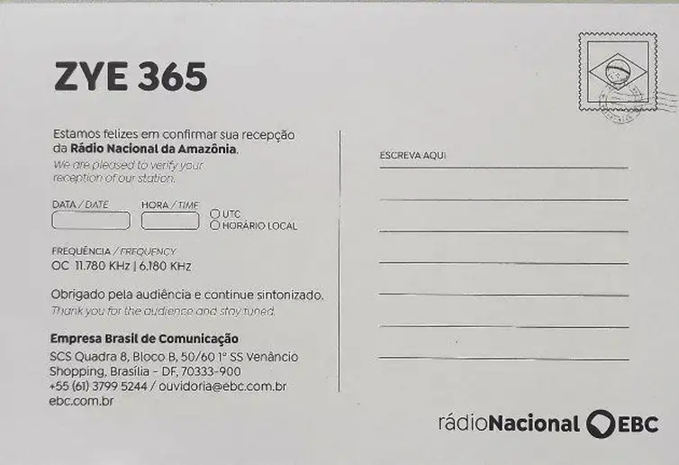 Brasília (DF),  06/04/2026 - Modelo de cartão QSL enviado para radioamadores do mundo inteiro. 
Reprodução EBC
