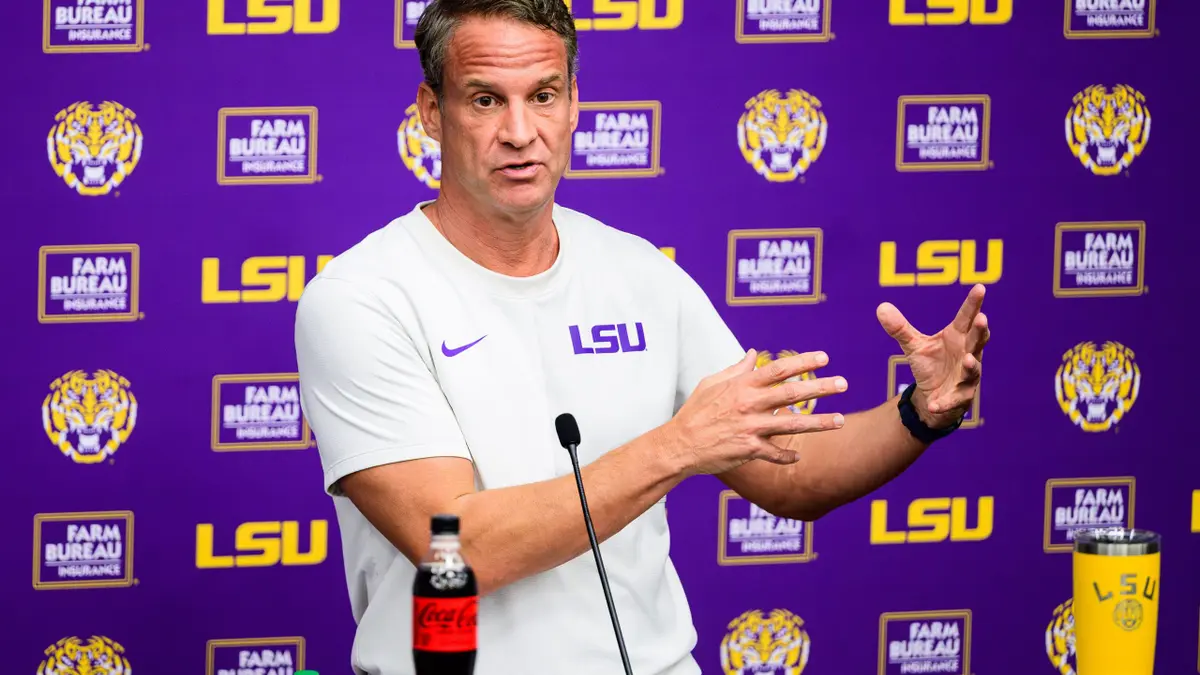 Head coach Lane Kiffin speaking at LSU Football Practice Facility in Baton Rouge