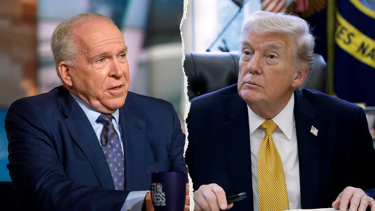 John Brennan speaking on Meet the Press and President Donald Trump signing paperwork in the Oval Office