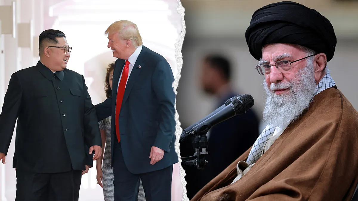 President Donald Trump standing with North Korea's Kim Jong Un and Iran's Ayatollah Khamenei sitting