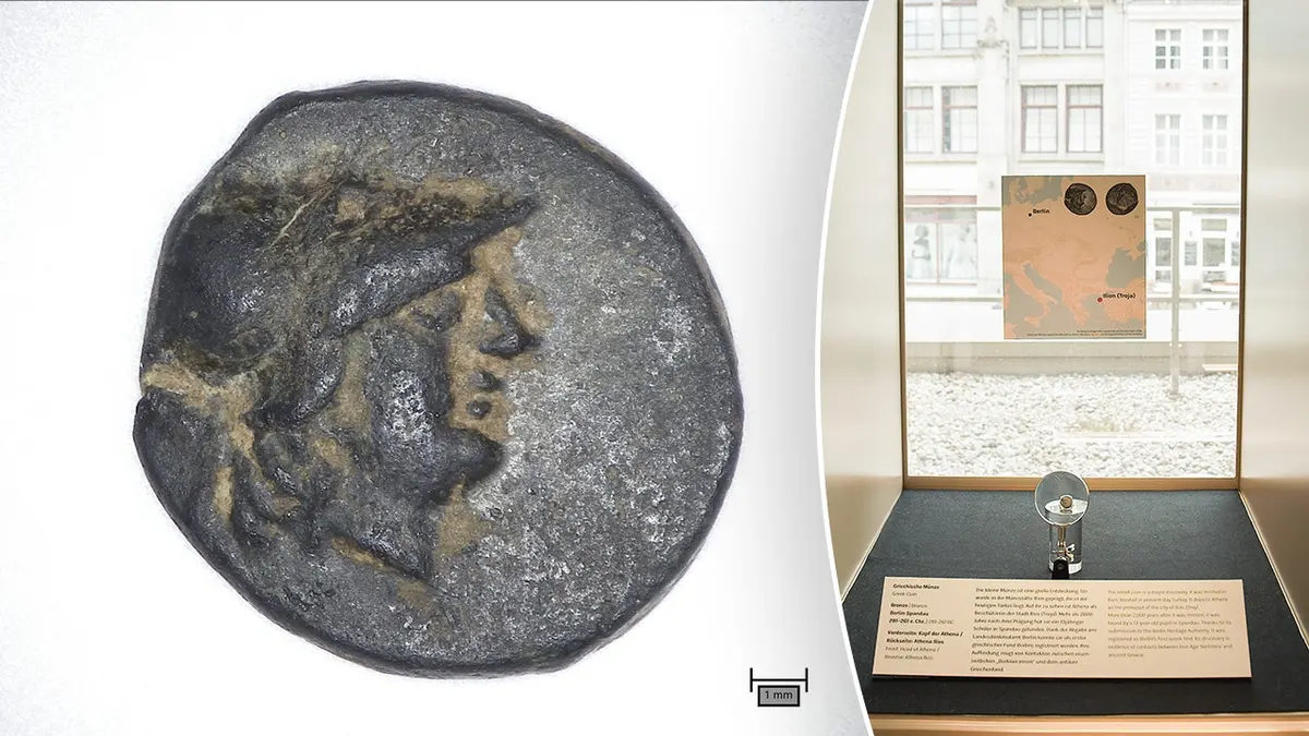 Split image of coin face next to museum exhibit