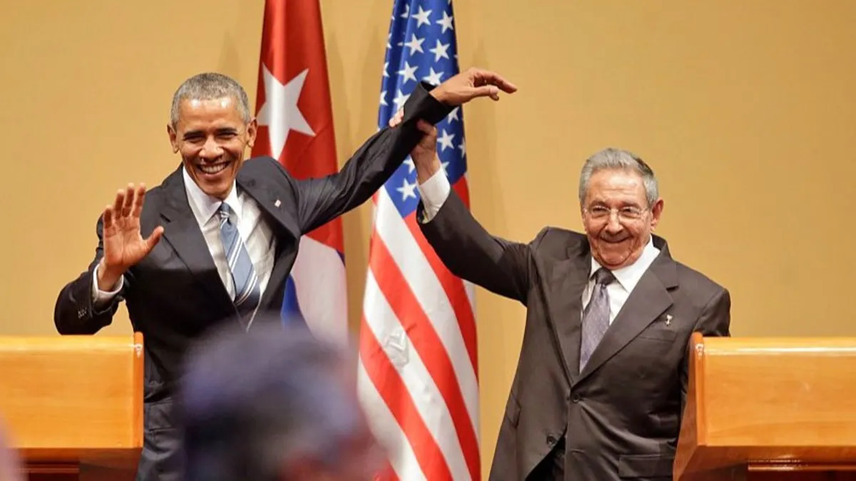 President Barack Obama and Raul Castro standing together in Cuba