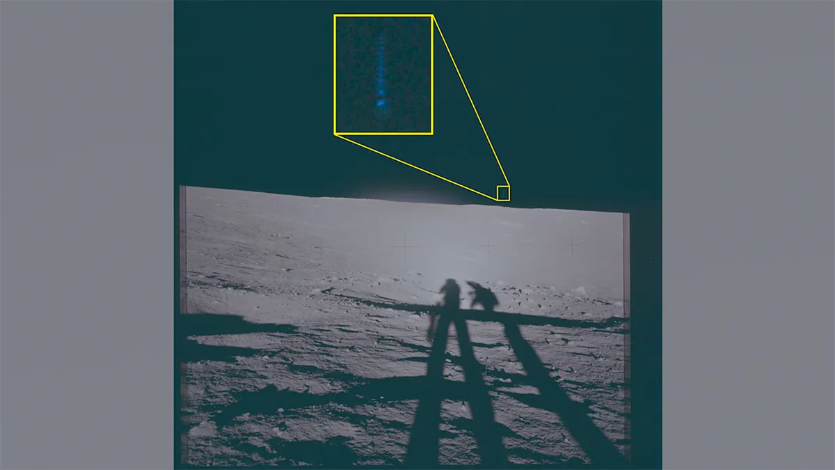 Apollo 12 lunar surface with highlighted area above horizon showing unidentified phenomena