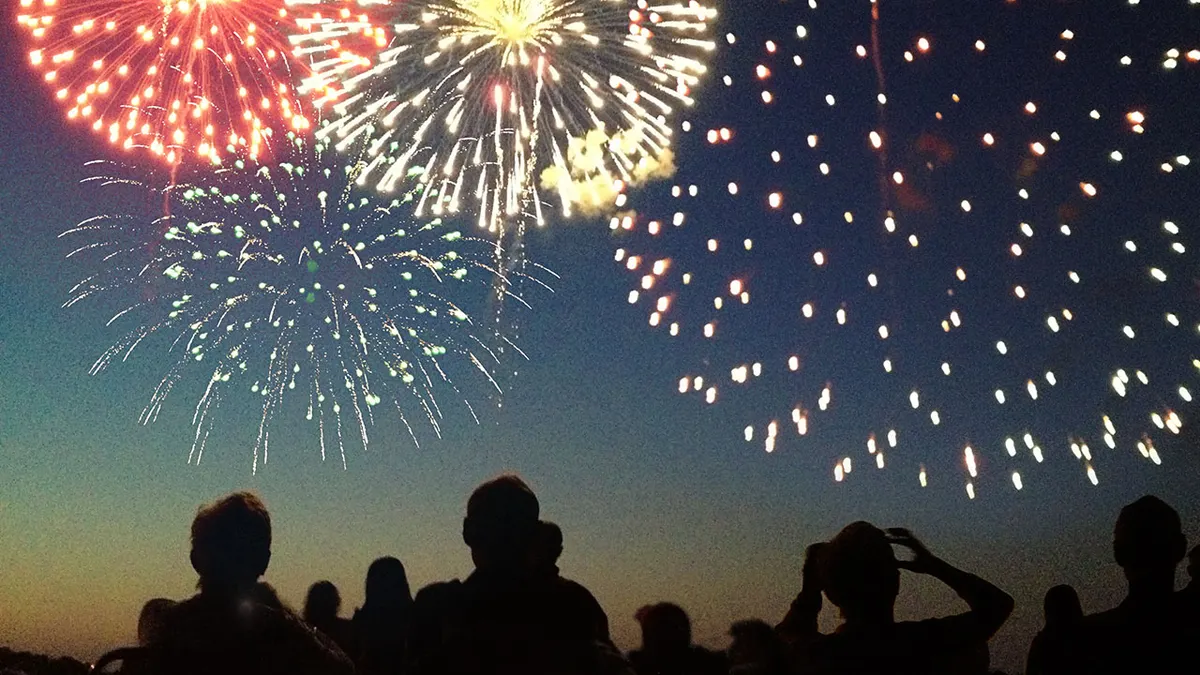 Fireworks exploding over silhouetted spectators celebrating outdoors at night
