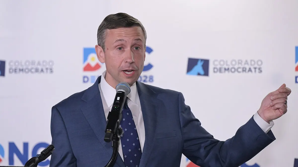 DNC chair Ken Martin makes a speech during the press conference for the DNC site visit at Ball Arena in Denver, Colorado
