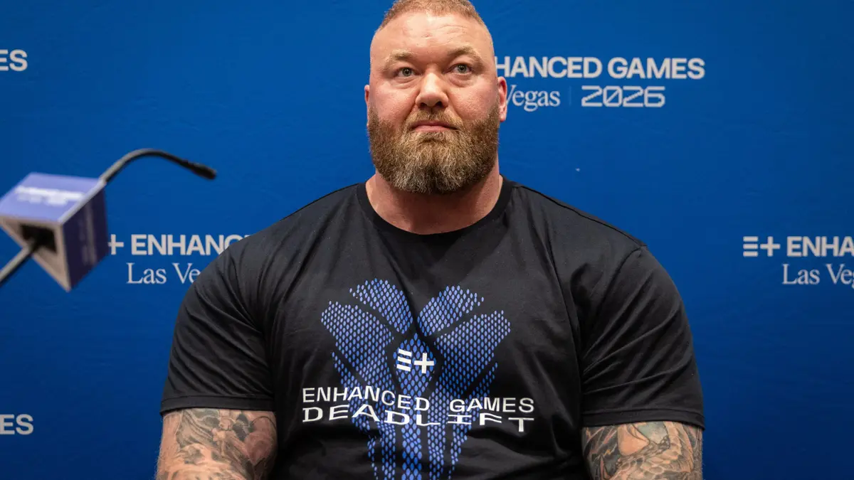 Icelandic strongman Thor Bjornsson speaking to press at Resorts World in Las Vegas