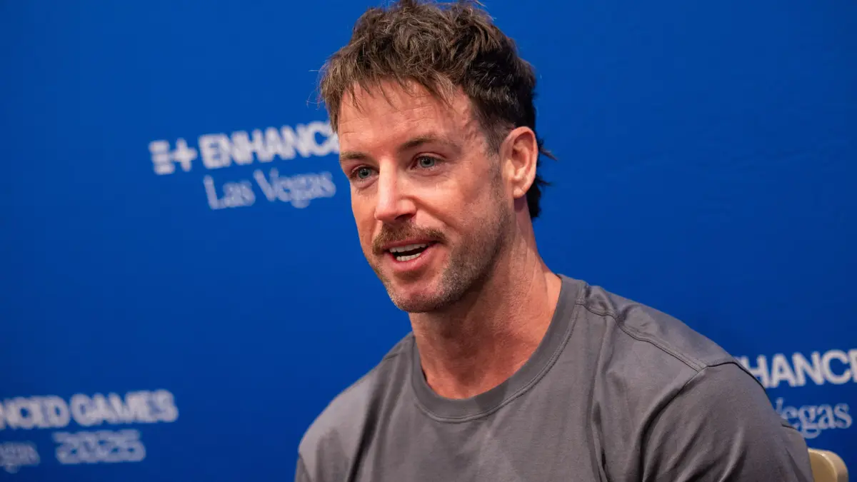 Australian swimmer James Magnussen talking with the press in Las Vegas