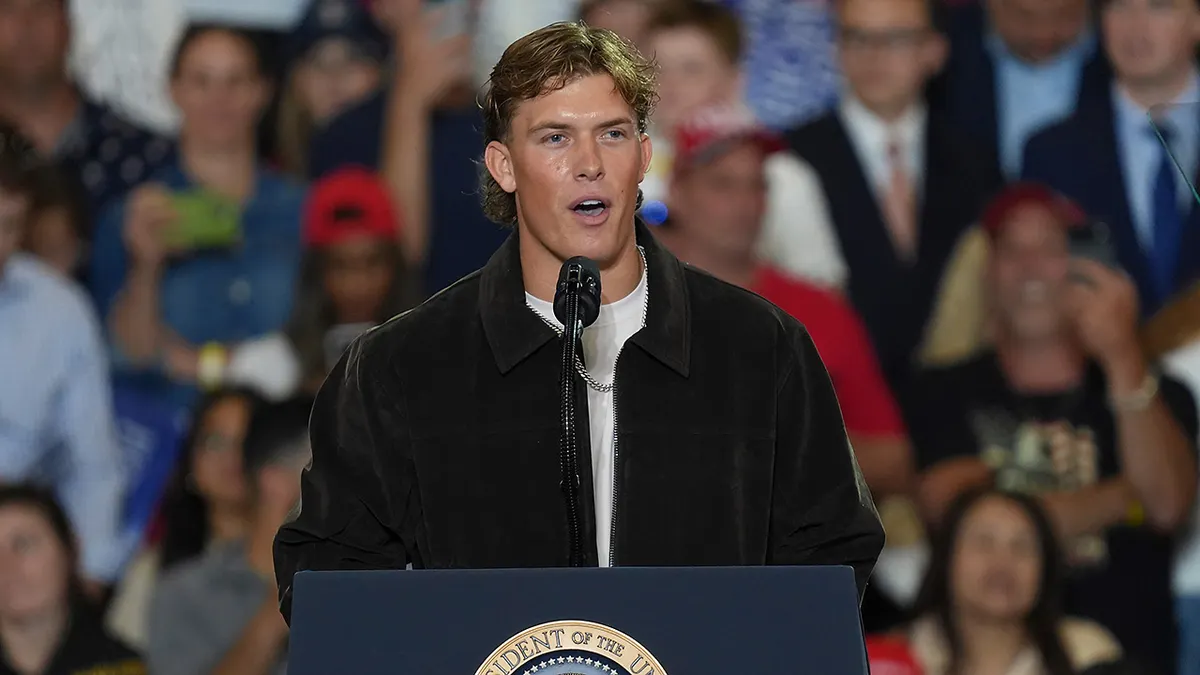 NFL quarterback Jaxson Dart introducing President Donald Trump at an event in Suffern New York