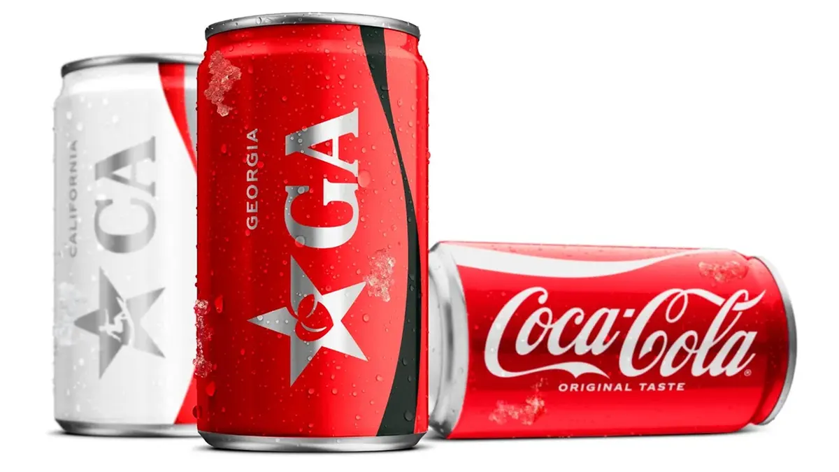 Coca-Cola's celebration of America's 250th birthday includes state-specific odes to Georgia's peach and California's surfer culture, shown here on a white background.
