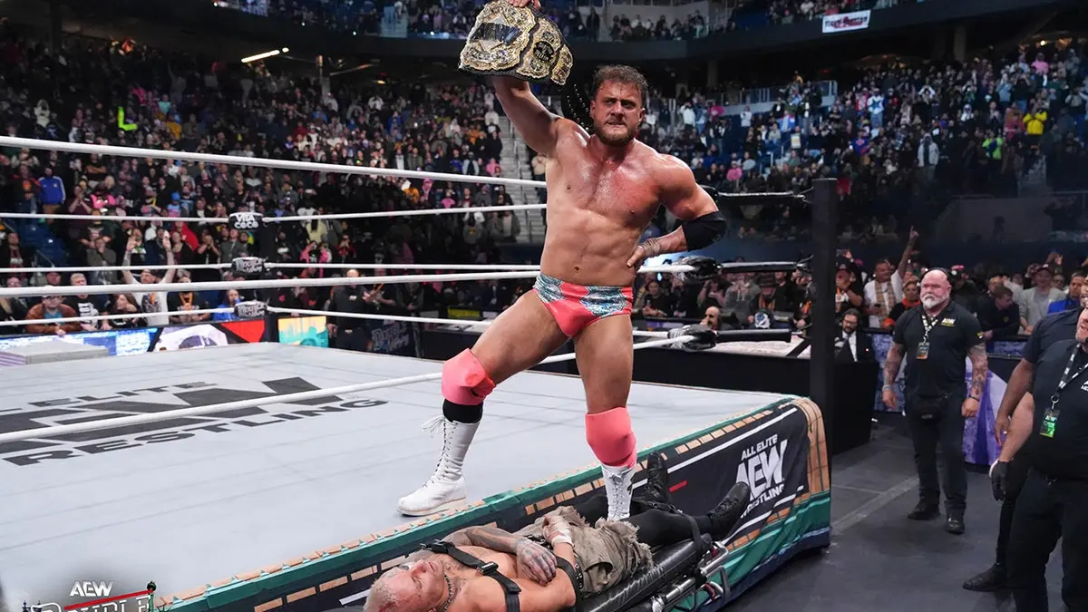Darby Allin and MJF wrestling in a ring during AEW Double or Nothing in Queens, NY