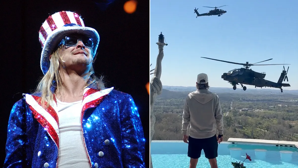Kid Rock standing by his pool wearing patriotic clothing