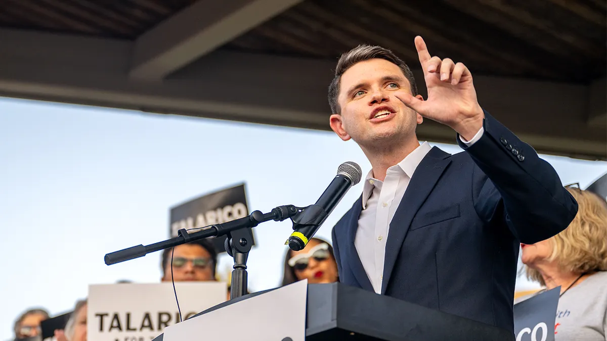Texas State Rep. James Talarico speaking at a campaign rally in Round Rock, Texas