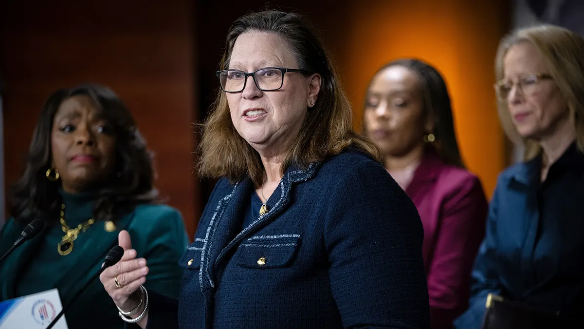 Rep. Julie Johnson speaking at a news conference at the US Capitol in Washington, D.C.